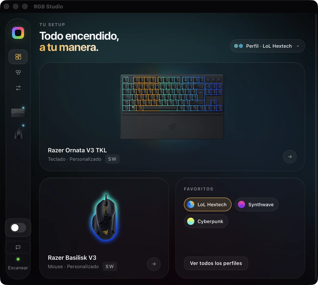 Pantalla de inicio de RGB Studio con dispositivos y perfiles favoritos