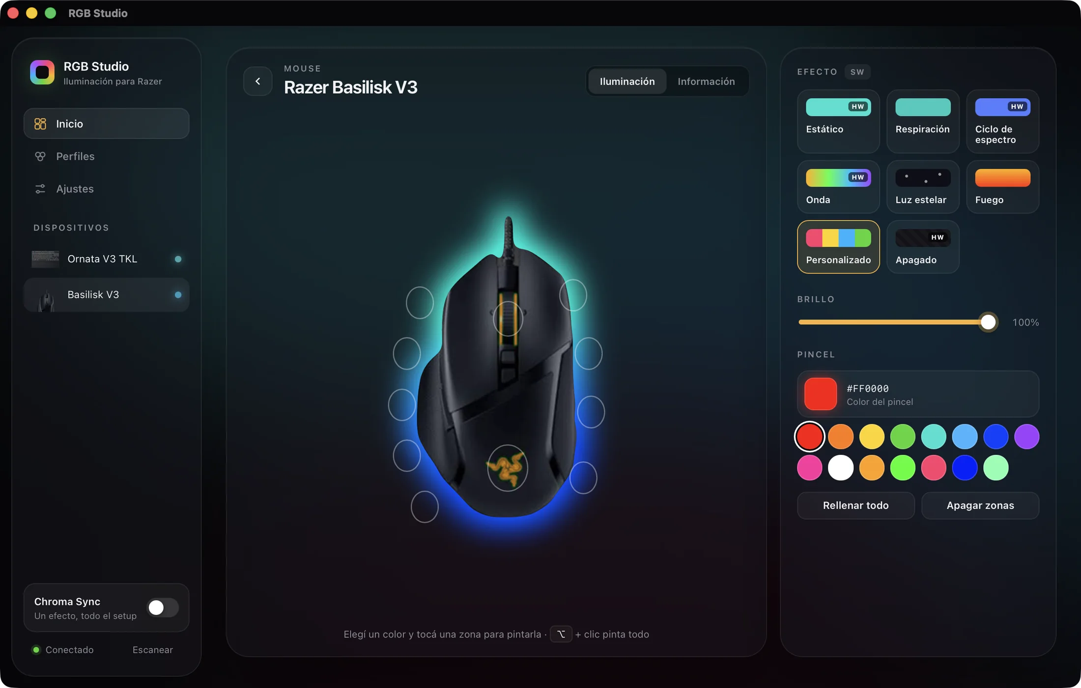 Un Razer Basilisk V3 en RGB Studio con luz inferior en vivo