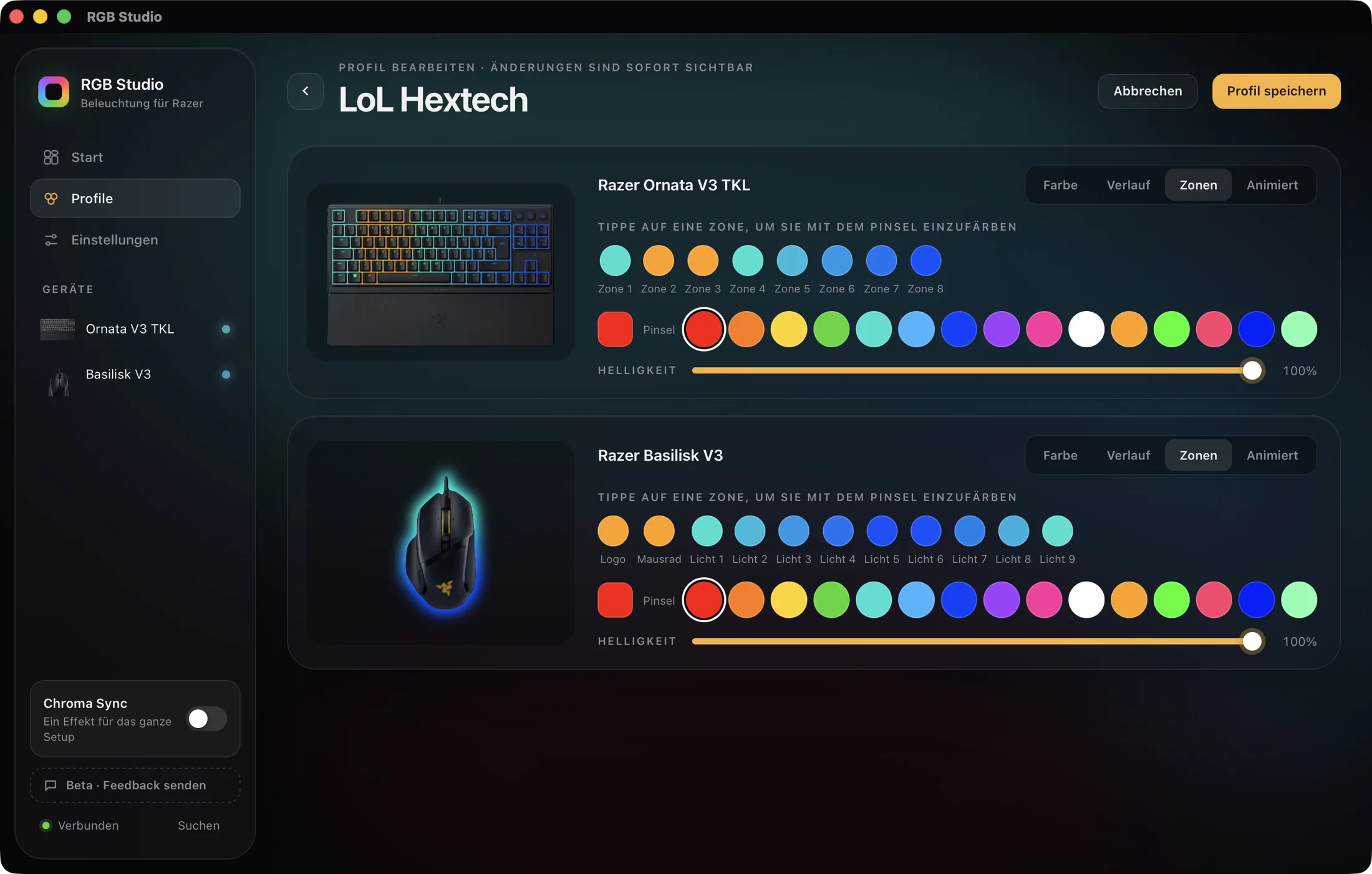 Profil-Editor von RGB Studio beim Einfärben der Zonen einer Razer-Tastatur und -Maus