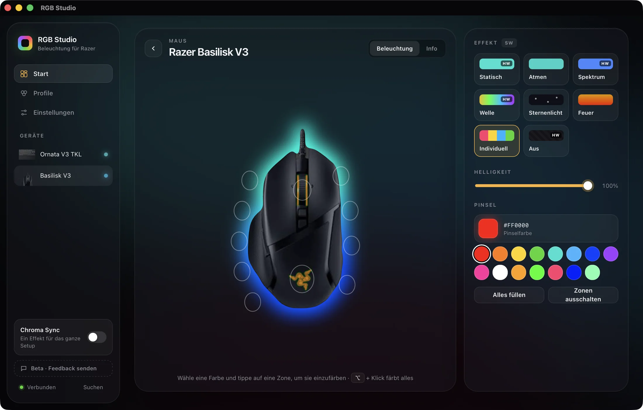 Ansicht einer Razer Basilisk V3 in RGB Studio mit live leuchtendem Unterlicht und Zonen zum Einfärben