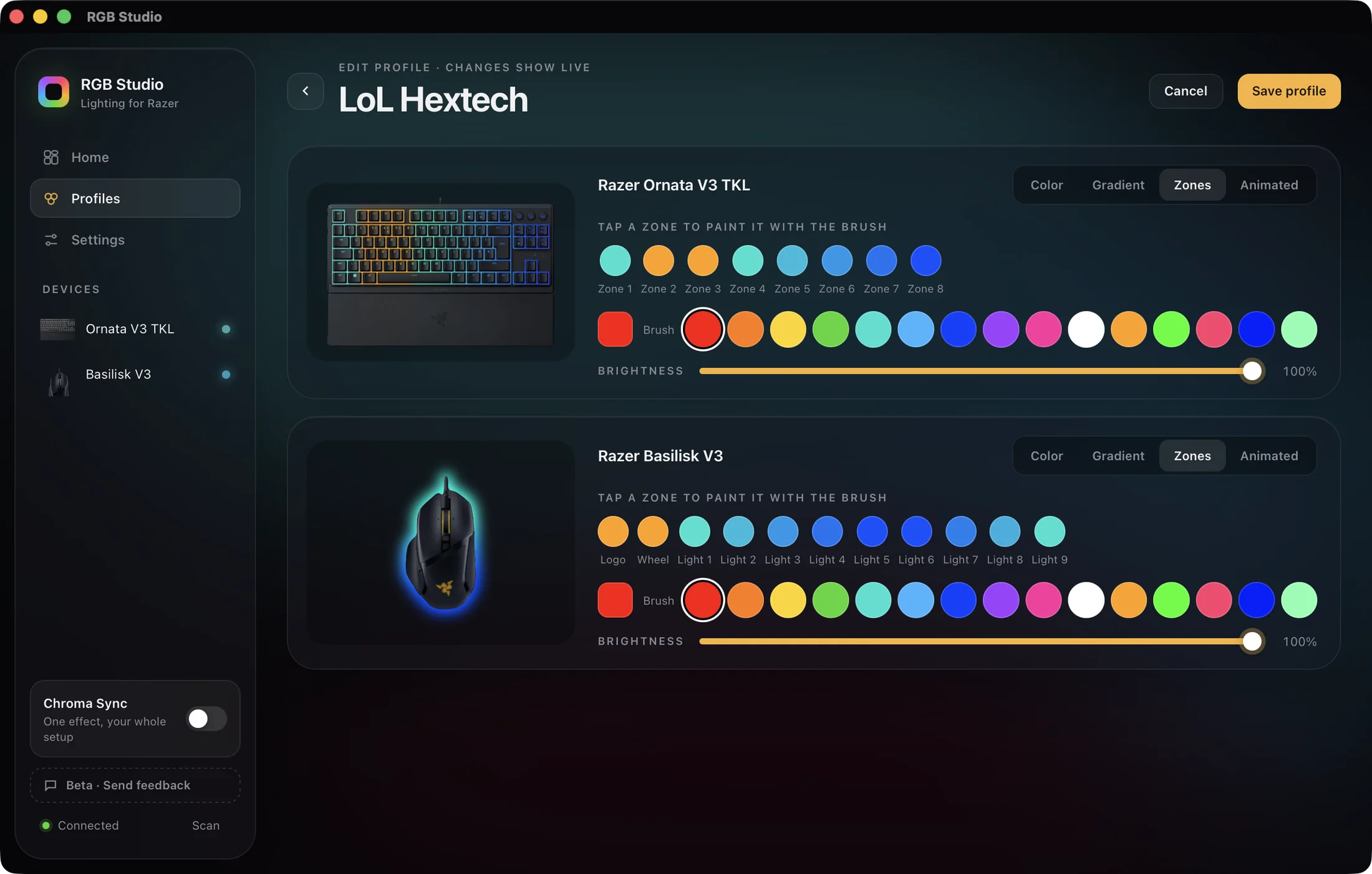 RGB Studio profile editor painting zones on a Razer keyboard and mouse