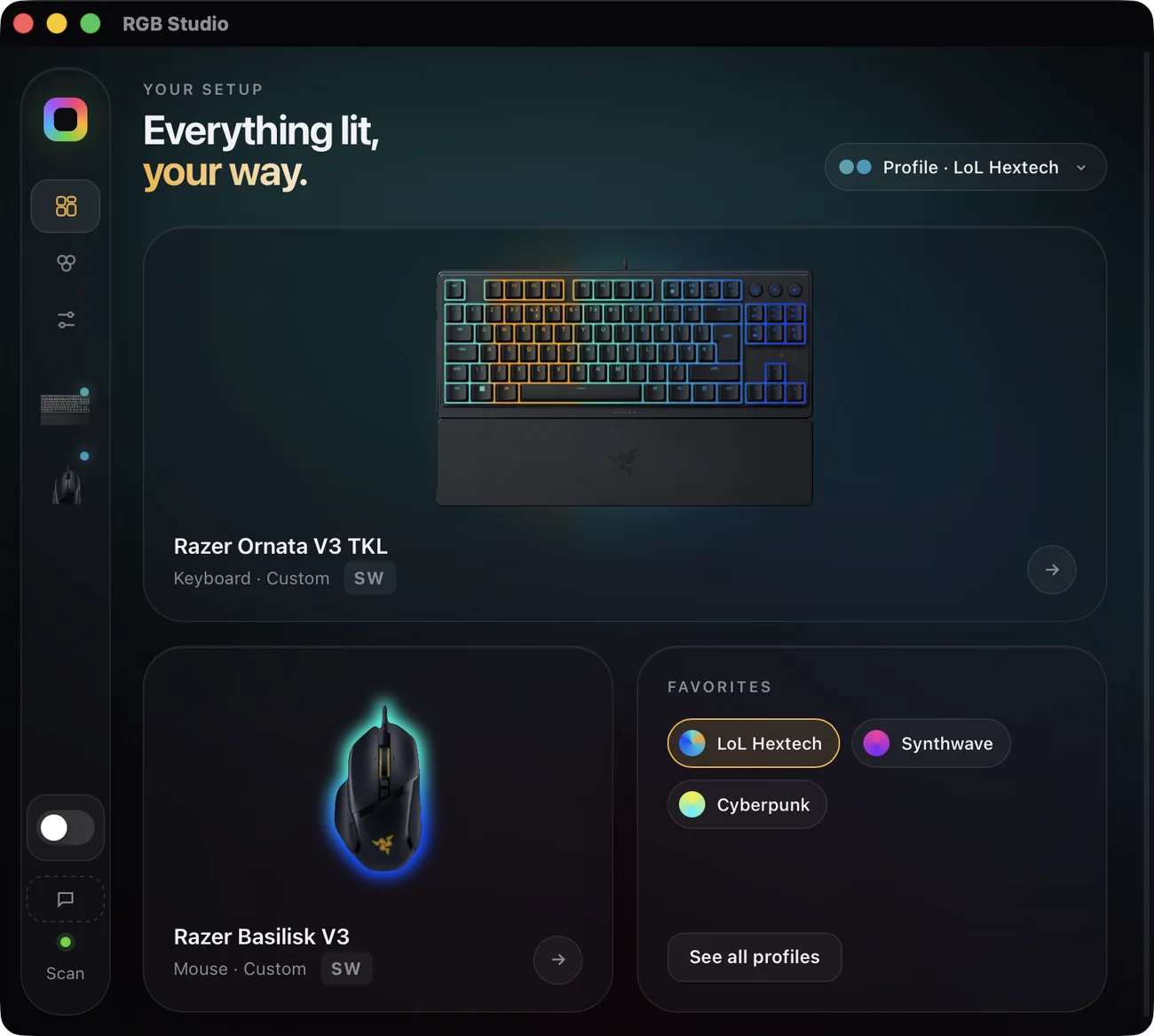 RGB Studio home screen with devices and favorite profiles