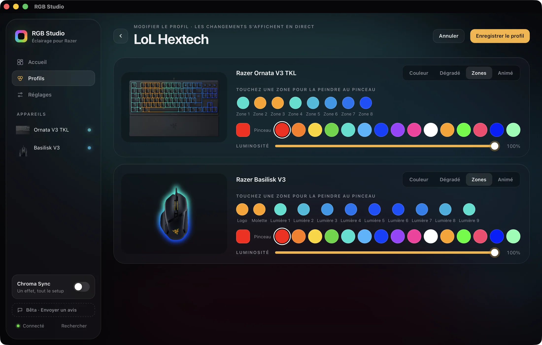 Éditeur de profils de RGB Studio peignant les zones d’un clavier et d’une souris Razer