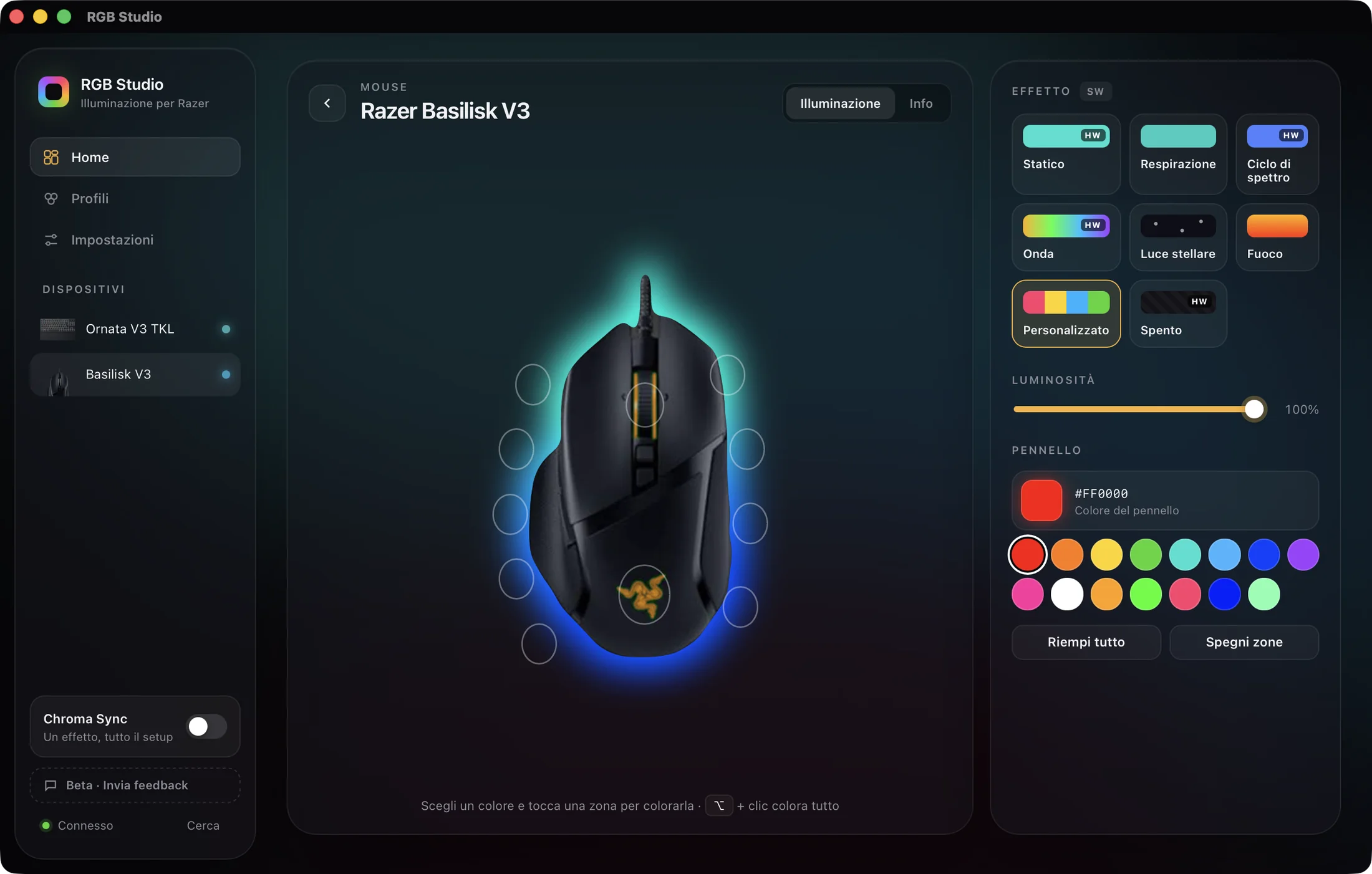 Un Razer Basilisk V3 in RGB Studio con l’alone di luce inferiore in tempo reale e le zone da colorare