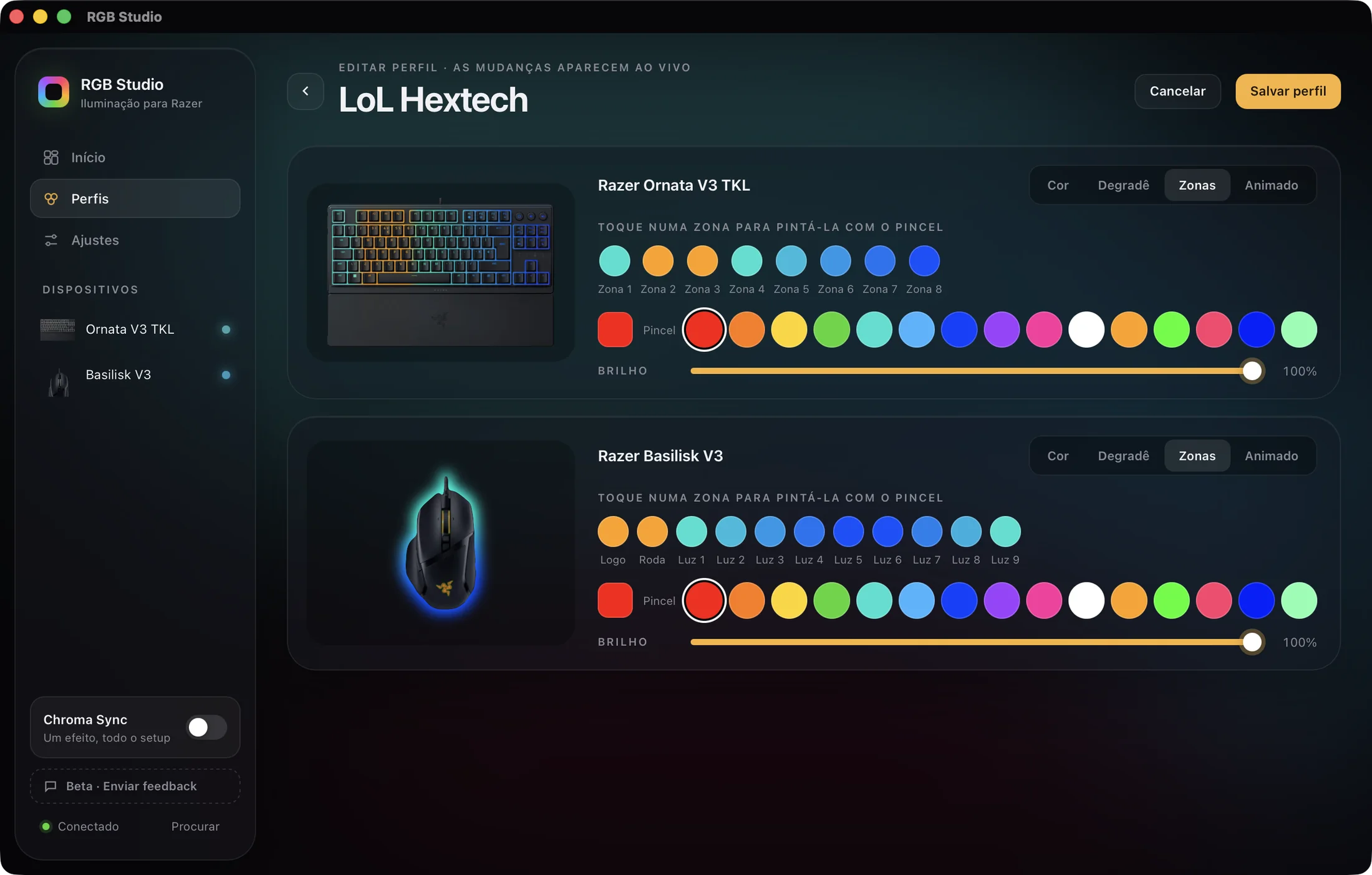 Editor de perfis do RGB Studio pintando zonas de um teclado e um mouse Razer
