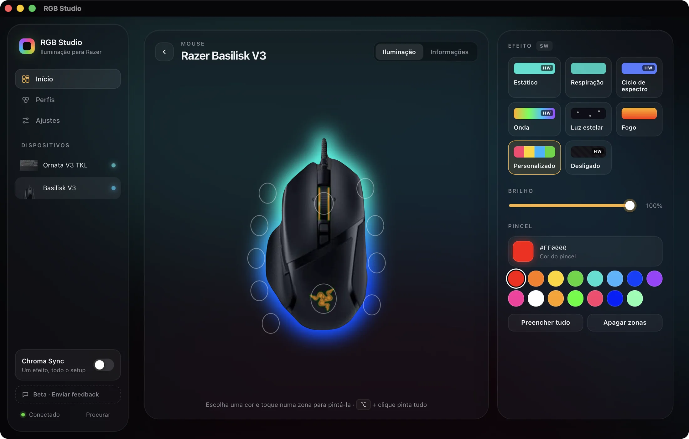 Um Razer Basilisk V3 no RGB Studio com o halo de luz inferior ao vivo e zonas para pintar